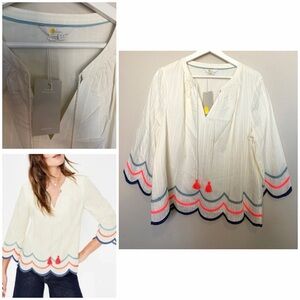 Boden 3/4 Bell Sleeve Scalloped Hem Embroidered Blouse with tassels W0374